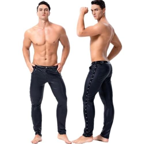 Men Black PVC Faux Patent Leather Pants Club Wear Stage Skinny Pants Stretch Leggings Sexy Latex Long Trousers Dance Costume