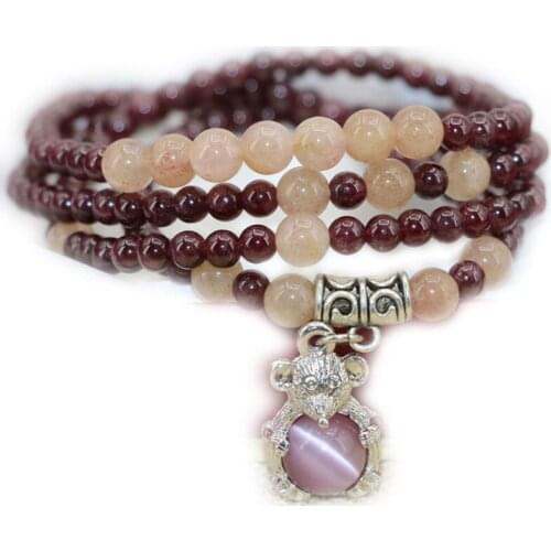 New Trendy Long Chain Bracelet 4mm Natural Stone Garnet Round Beads Strand Bangle 6mm Sunstone Mouse Pendant Diy Jewelry 30inch