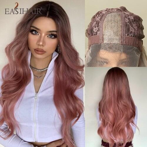 EASIHAIR Long Pink Wave Synthetic Wigs Hairline Lace Wigs for Women Front Lace Part Wigs Cosplay Colorful Wig Heat Resistant
