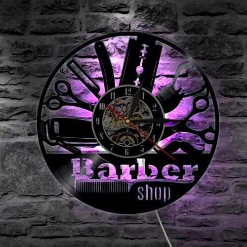 Barber Shop Barber Hairdresser LED Lighting Vinyl Record Wall Clock With LED Backlight Grooming Beauty Salon Wall Light