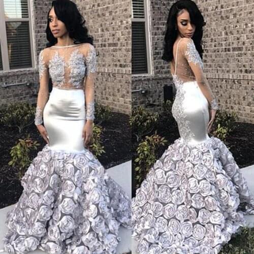 2019 Silver Mermaid Prom Dresses Backless Long Sleeves Sheer 3D Floral Formal Prom Party Dresses Evening Wear Black Girls DP0478