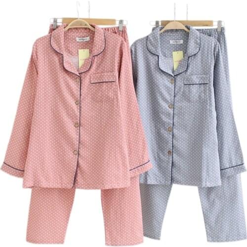 Simple Polka Dot pajamas sets women 100% cotton Spring Japanese Casual women sleepwear long sleeve pyjamas