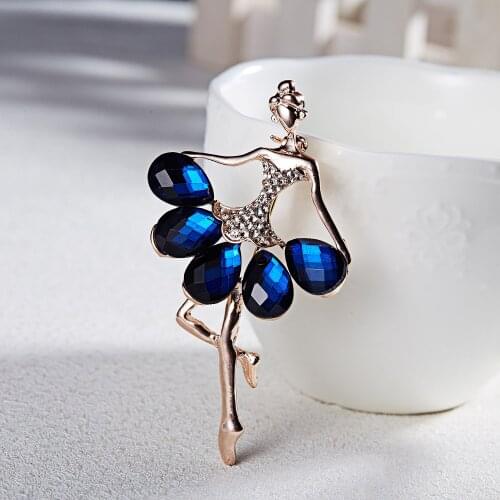 Rinhoo Blue Noble Crystal Gem Stone Short Dress Dancing Show Beauty Lady Girl Brooches Lapel Pins Fashion Party Jewelry Gift