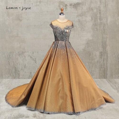 Dark Champagne Luxury Evening Dresses 2021 O-Neck Sleeveless Beads Wedding Dresses Lace Up Back Ball Gown Evening Gowns