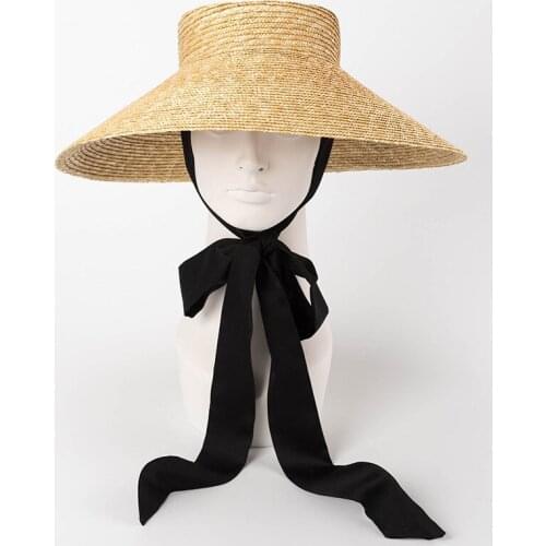 New Vintage Designer Custom Shallow Flat Top Big Wide Brim Bandage Natural Straw Hat Stage Catwalk Women Men Sunscreen Sun Hat