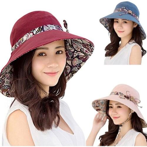 Hat Foldable Breathable Cotton Reversible Sunscreen Floral Print Caps Womens Felt Wide Brim Hat Summer Beach Travel Wear