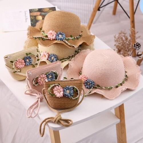 Girl Children Straw Hat + Bagbags 2Pcs Set Summer Kids Baby Cute Sweet Flowers Sun Hat Breathable Sunscreen Beach Hat Gorros