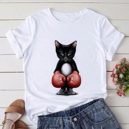 Harajuku Streetwear Clothes Summer Funny Cool Cat Boxing Print T Shirt Women Vintage T-Shirt Female Casual Cotton Tops Tee