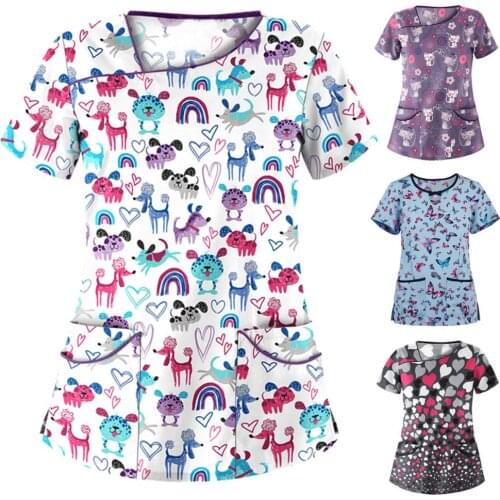Women Cute Cartoon Print Nursing Scrubs Tops T Shirt Casual Short Sleeve Women Scrubs Uniforms Nurse V-neck Pocket Women Clothes