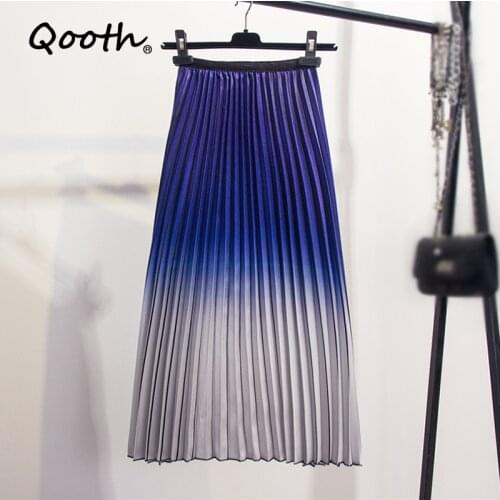 Qooth 2020 Summer Gradient Color Skirt Elastic Waist Striped Pleated Skirts Rainbow Women Casual Mid-Calf Skirts QH1794