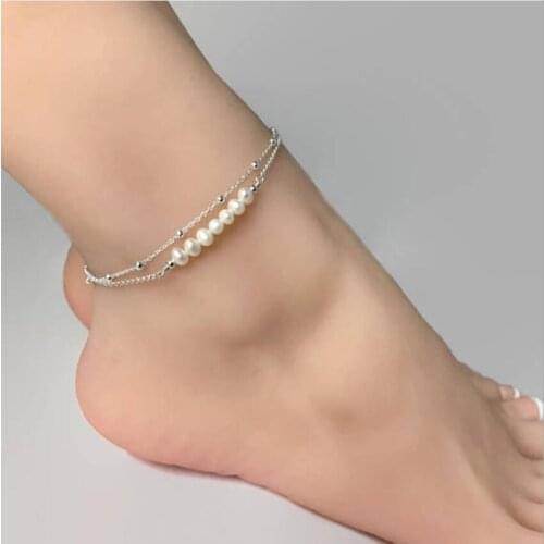 Female Silver color Bohemian Beach Barefoot Anklets Bracelet Sandals Simulated Pearl Foot Chain Woman Leg Jewelry S2016