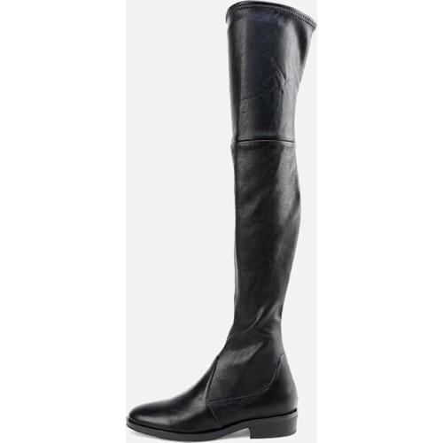 MUMANI Woman‘s Over-the-Knee Boots Thigh Black Genuine Leather Round Toe Flat with Elasticity Footwear Elegant Handmade Shoes