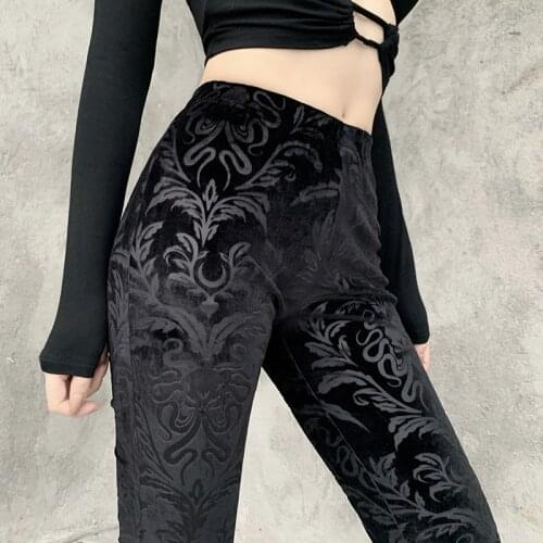 Women Floral Print Flare Pants Wide Leg Elegant Velvet Stretch Bell Bottom Trousers Female Stylish Gothic Punk Club Street Wear