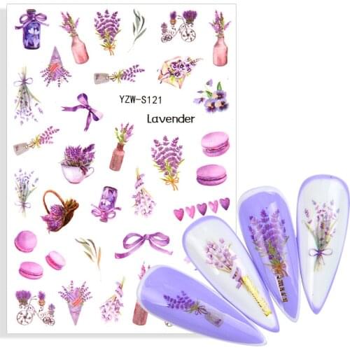 1 Sheet Blooming Lavender Water Decals Vase Bow Alphabet Leaves Flower Nail Art Sticker Decoration Adhesive Decals