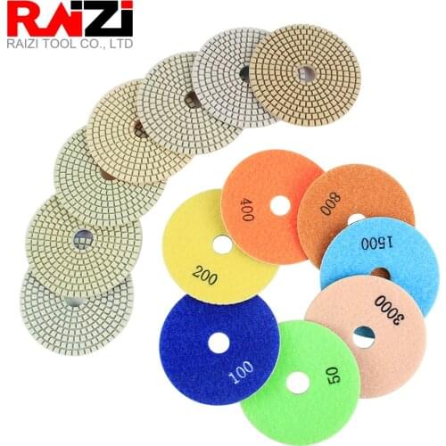 Raizi 4 inch/100 mm Diamond Polishing Pads for Granite Marble Granite Wet Use Grit 50-3000 7 Step Flexible Sanding Discs Tools