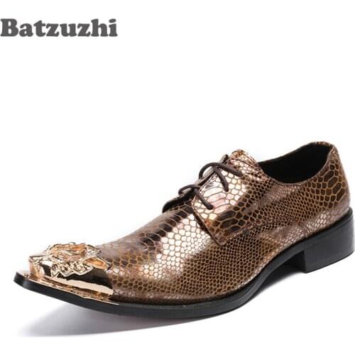 Batzuzhi Luxury Handmade Mens Shoes Pointed Metal Toe Business Leather Shoes Rock Brown Party Footwear for Men, Big Size 46