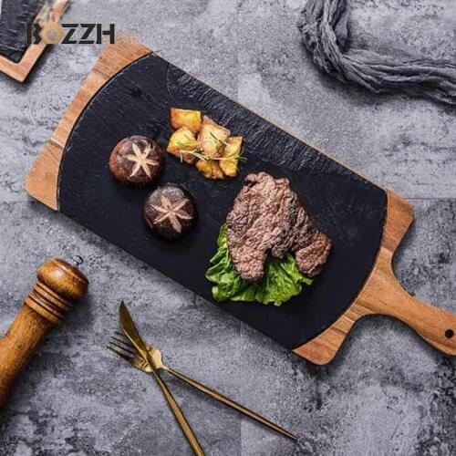 BOZZH Slate Stone Tray Wooden Board Tray Plate Western Dinner Plate Pizza Steak Plates For Food Sushi Dish Restaurant Tableware