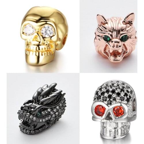 One of A Kind Dragon Pave CZ Spacer Beads for Mens Bracelet Wolf Head Copper Cubic Zirconia Beads DIY Skull Jewelry Bead