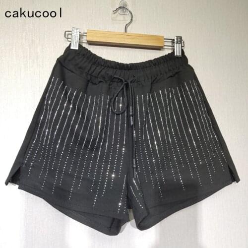 Cakucool Women Summer Shorts Stamping Diamonds Wide Leg Shorts Sequined Bling Casual Black Shorts Capris Plus Size Female