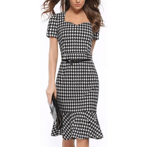 Business Dress For Women Office Lady Checkered Print Sukienka Back Zip Dress With Belt 3xl Ruffle Hem Dress Pencil Midi Elegant