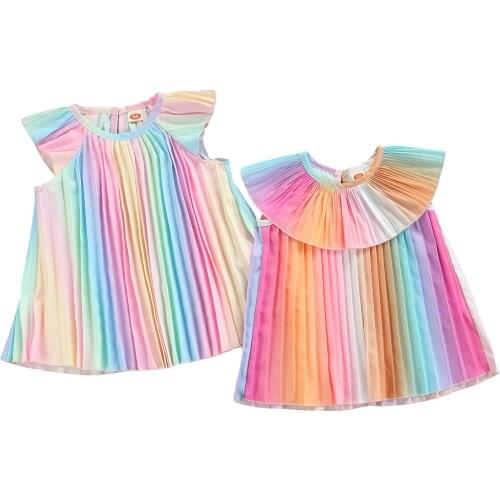 Kids Princess Pleated Dress, Girls Gradient Color Round Neck Fly Sleeve Gown for Summer, 0-3 Years