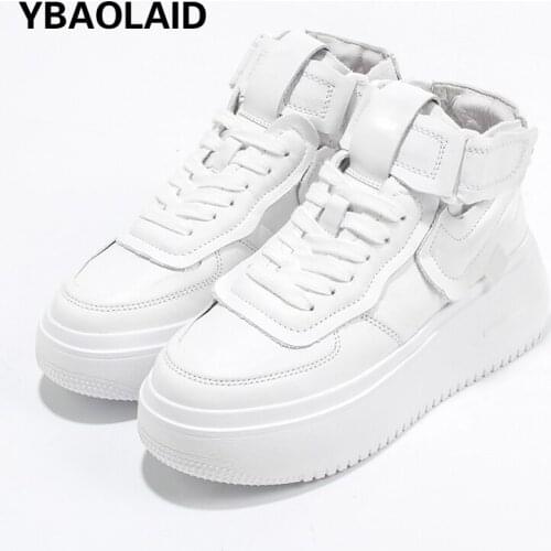Leather Velcro Increased Thick-soled White Shoes Summer New Round Toe Lace-up Sports and Leisure All-match High-top Shoes
