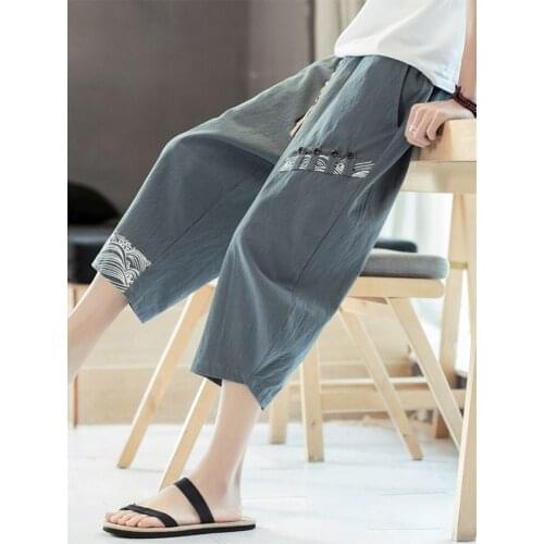 Summer Mens Calf-length Pants Cotton Casual Loose Print Trousers Comfortable Mens Clothing