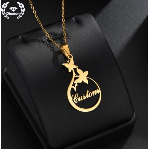 Diamon Fashion Customized Name Necklace for Women Men Personalized Letter Butterfly Chain Pendant Stainless Steel Jewelry Gift