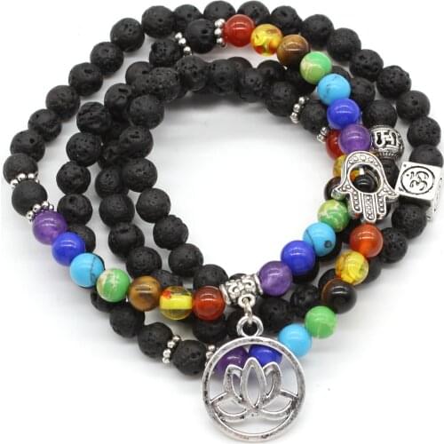 Trendy-beads Silver Plated Lotus Flower Connect 6 mm Black Lava Stone Round Beads Bracelet Fatima Palm 3D Ethnic Jewelry