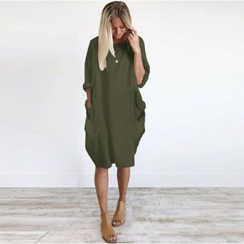 2020 Fashion Autumn Womens Dresses Pocket Loose Dress Ladies Crew Neck Casual Long Girl Tops Dress Female Big Size S-XXL