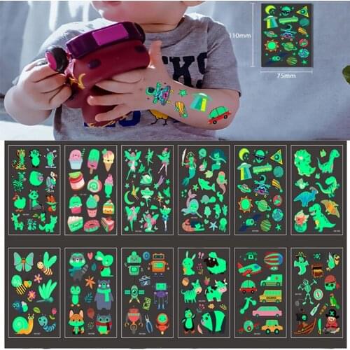 Cartoon Luminous Tattoo Stickers Children Temporary Waterproof Tattoo Body Dinosaur Astronaut Dessert Decals Glow In The Dark