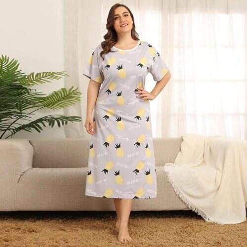 Summer Long Nightdress Women Sleepwear Nightwear Plus Size Print Short Sleeve Nightgown Casual Soft Bathrobe Homewear 3XL 4XL