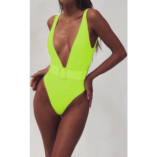 Sexy Women Solid One Piece Swimsuit Neon Bikini Push Up Halter Cross Bathing Suits Monokini Buckle Bodysuit Beachwear
