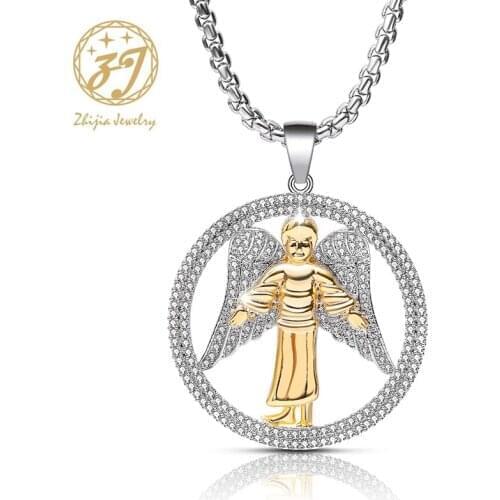 Zhijia luxury crystal rhinestone angel wings round pendant necklace for women men religious jewelry gifts