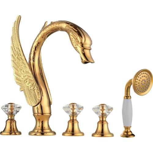 Free ship 5 pcs widespread gold Pvd finish brass swan bathtub and shower Filler faucet deck mounted luxury tap