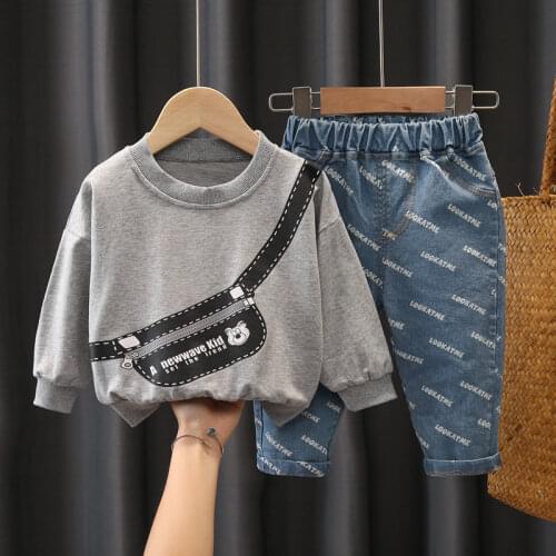 Spring Clothes Suit Baby Boys Girls Cartoon Bag T Shirt Pants Jeans 2pcs/Set Children Clothing Kids Infant Sportswear 0-5 Years