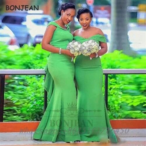 Green African Bridesmaid Dresses 2021 Mermaid Off-The- Shoulder Elastic Satin Bridesmaid Dress Plus Size for Women Wedding