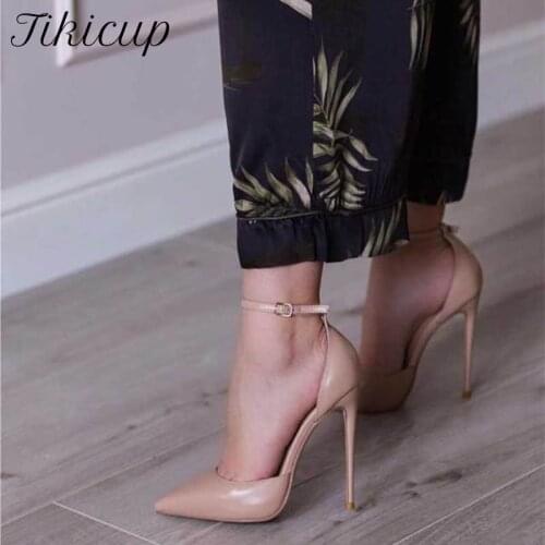 Tikicup Glossy Pink Women Ankle Strap D'Orsay Pointed Toe High Heels Summer Designer Stiletto Pumps Elegant Ladies Dress Shoes