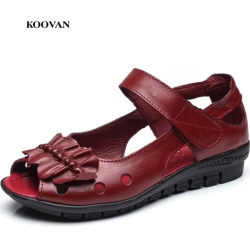 Koovan Women Summer Shoes 2018 New Moms Sandals First Layer Leather Middle-aged Female Sandals Summer For Womens Bow Shoes