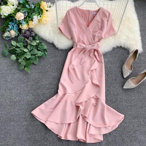FMFSSOM 2021 Summer Vintage Solid Sexy V Neck Short Tie Up Dress Women A-line Sashes High Waist Pink Party Club Dress
