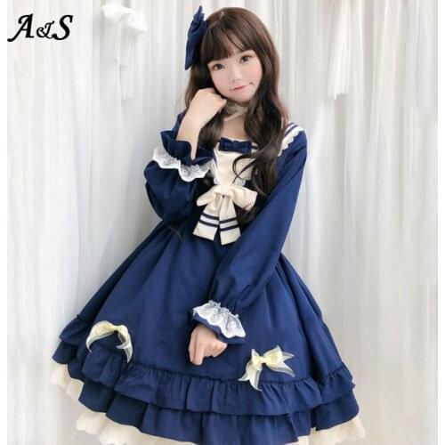 Anbenser Girl Long Sleeves Lolita Dress Bowknots OP Lolitas Lace Dresses Tea Party Dress Japanese Style Maid Cosplay Costume