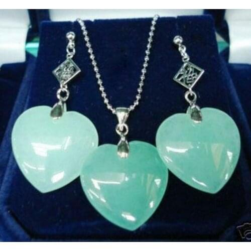 Free Shipping wholesale beautiful silver plated heart shape green Natural jade earring and pendant jewelry set