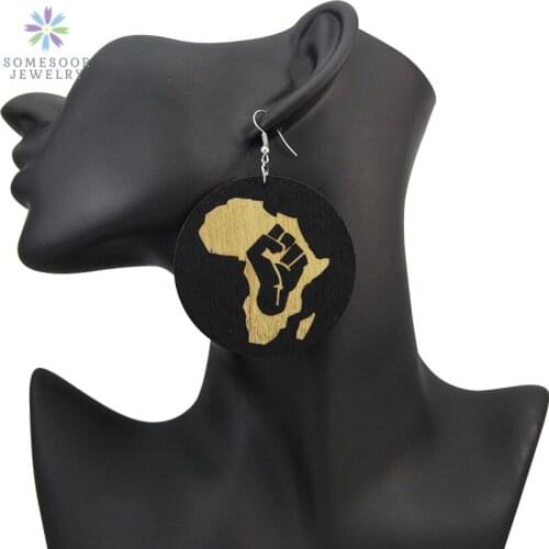 SOMESOOR Large Carved Wooden Drop Earrings African Motherland Fist Map Trendy Afrocentric Ethnic Dangle Jewelry For Women Gifts