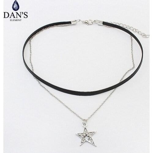 DANS ELEMENT New Fashion Retro Geometric star Pendant Collar Double chains leather simple choker necklace for women girl 122785
