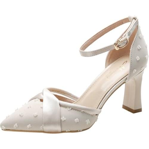 Firowe Women Satin Pointed Toe Chunly Heel Ankle Buckle Strap Wedding Dress Shoes 7.5CM