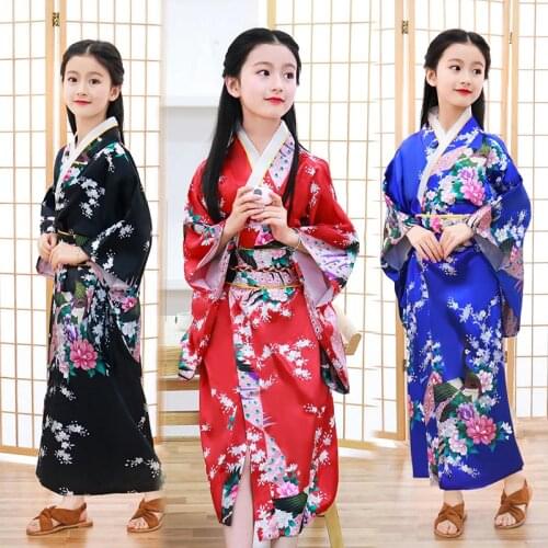 Shanghai Story Children Peacock Yukata Clothing Girls Japanese Kimono Dress Kids Yukata Haori Costume Traditional Japones Kimono