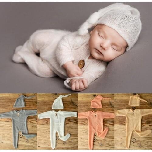 2Pcs Newborn Photography Props Costumes Baby Bodysuit Hat Set Studio Photography Props Outfits Baby Romper Jumpsuit Cap Kit