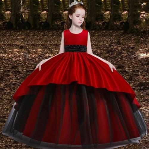 Red Long Dress 4-14 Year Child Girl Wedding Flower Girl Dress Princess Party Lace Back Hollow Tulle Vestidos Costume