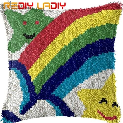 Latch Hook Cushion Rainbow Sunshine Pillow Case Acrylic Yarn Pillow Pre-Printed Color Canvas Crochet Cushion Cover Hobby & Craft