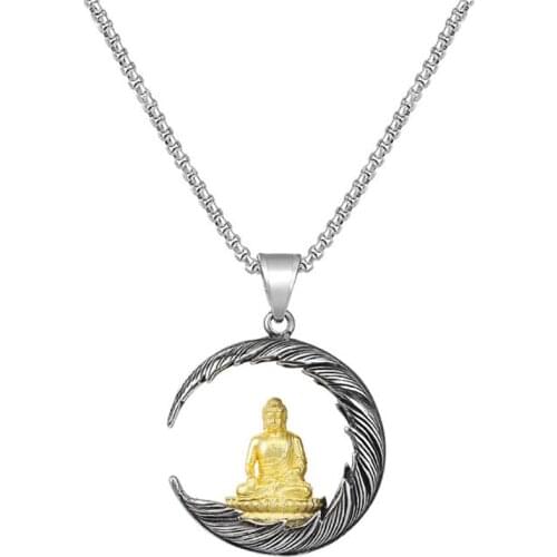 Stainless Steel Religious Buddhist Tathagata Buddha Thailand Moon Pendant Necklace Jewelry Gift For Him with Chain